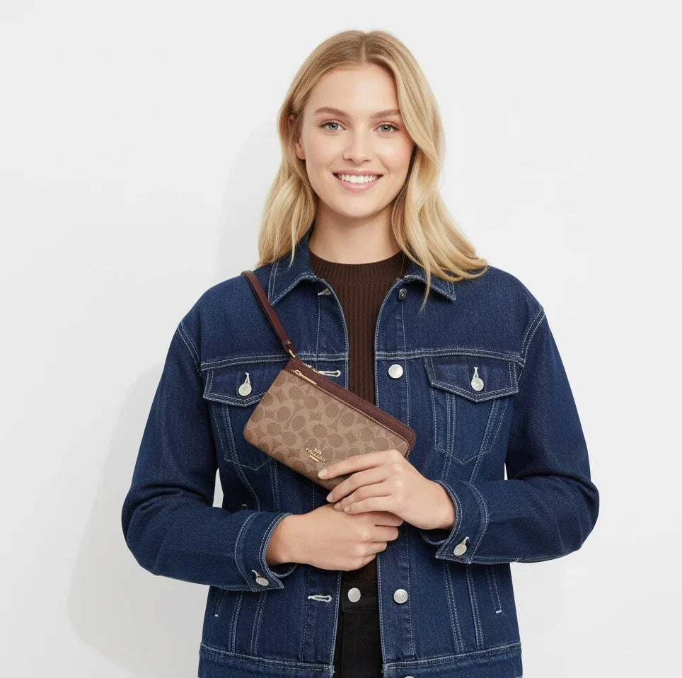 Doppelter Reißverschluss-Geldbeutel aus charakteristischem Canvas – Gold/Hellbraun/Braun